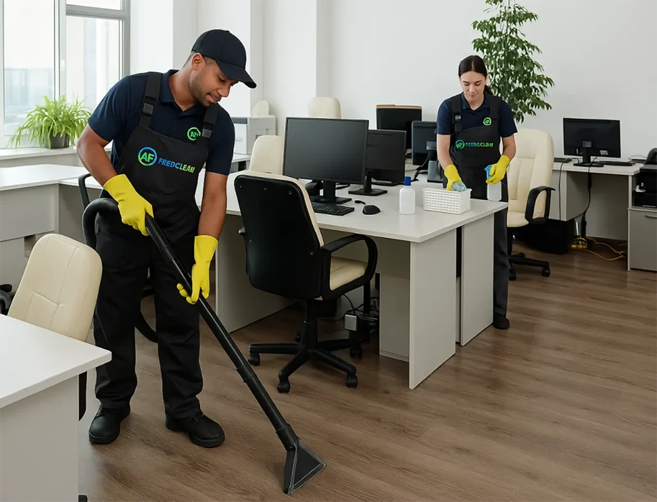 Trois employés en uniforme bleu nettoient un bureau moderne